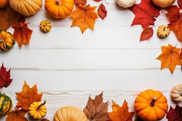 Frame, top view of autumn leaves and pumpkins on white wooden background with copy space. 