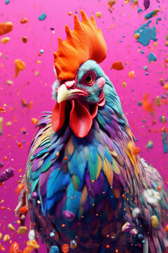 An abstract surreal photograph of a Chicken splashed in bright paint, contemporary colors and mood social background. Generative AI technology. © Oleksandr