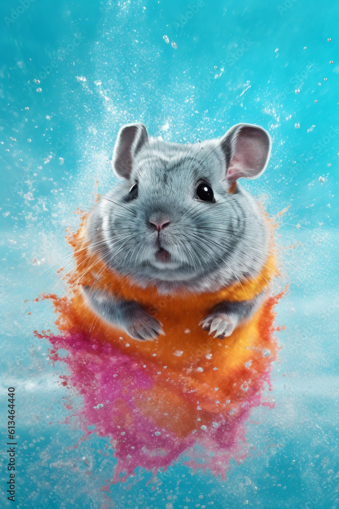 Aufkleber an abstract surreal photograph of a chinchilla splashed in bright paint, contemporary colors and moo