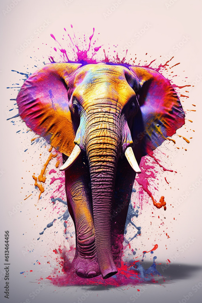 Poster an abstract surreal photograph of a elephant splashed in bright paint, contemporary colors and mood 