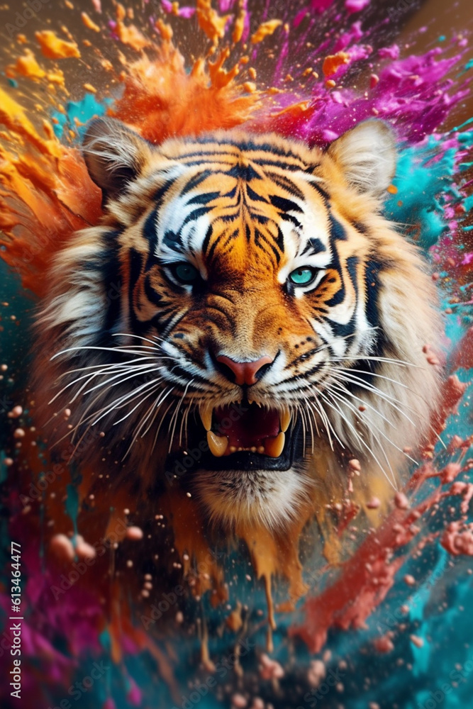 Poster an abstract surreal photograph of a tiger splashed in bright paint, contemporary colors and mood soc