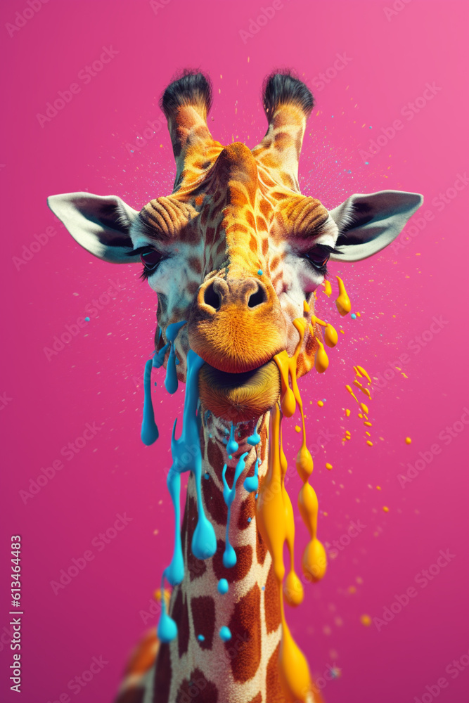 Poster an abstract surreal photograph of a giraffe splashed in bright paint, contemporary colors and mood s