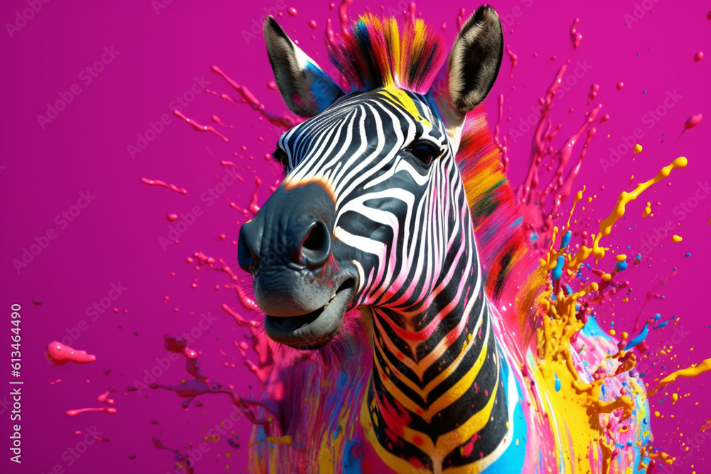 Poster an vibrant photograph of a zebra splashed in bright paint, contemporary colors and mood social backg