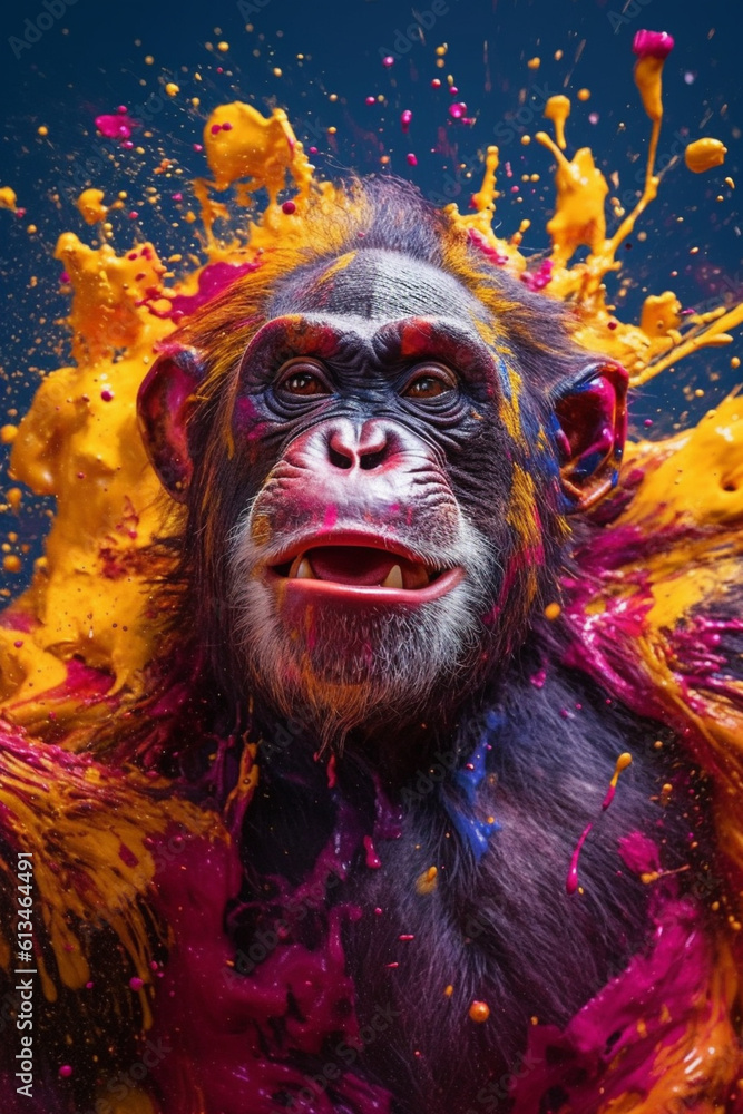 Poster an abstract surreal photograph of a chimpanzee splashed in bright paint, contemporary colors and moo