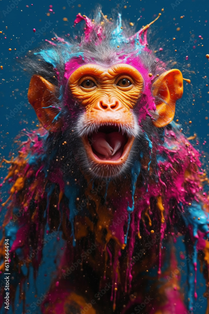 Poster an abstract surreal photograph of a monkey splashed in bright paint, contemporary colors and mood so