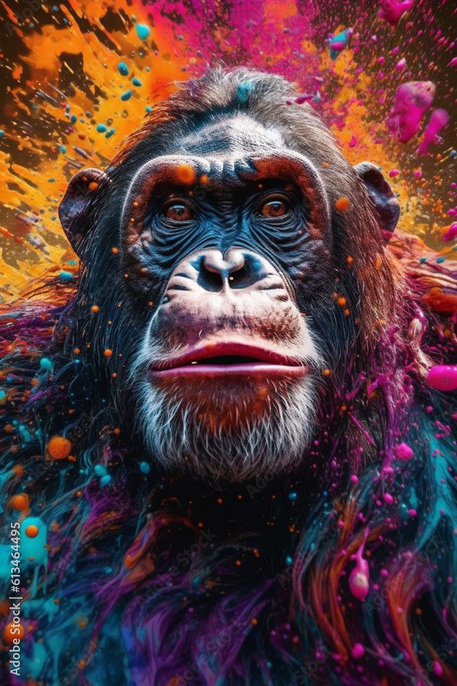 Poster an abstract surreal photograph of a chimpanzee splashed in bright paint, contemporary colors and moo