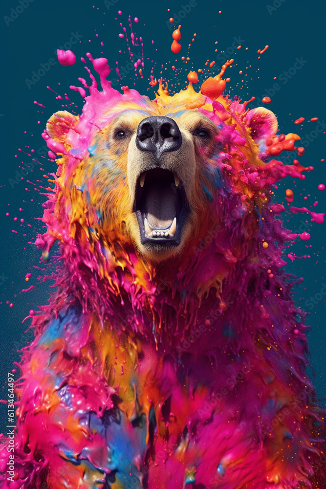 Poster an abstract surreal photograph of a bear splashed in bright paint, contemporary colors and mood soci