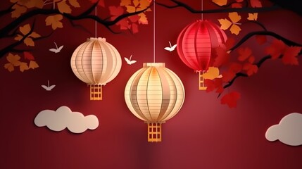 Autumn Festival greeting banner. Cute rabbits,moon scenery in the night forest.Happy Mid Autumn Festival.illustration