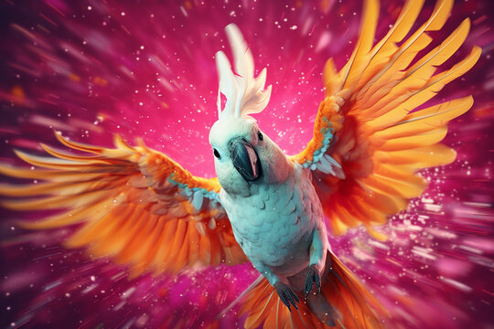 Fototapeta An vibrant photograph of a Cockatoo splashed in bright paint, contemporary colors and mood social background.  Generative AI technology.