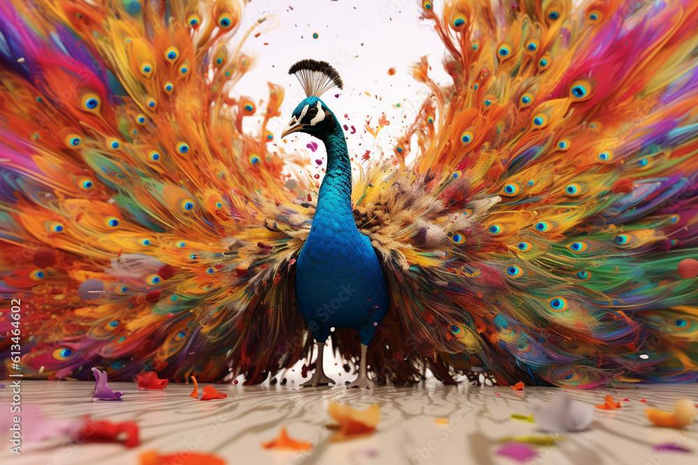 Poster an abstract surreal photograph of a peacock splashed in bright paint, contemporary colors and mood s