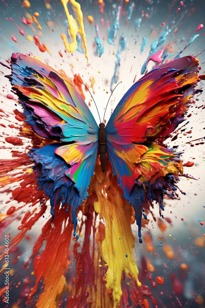 Poster an abstract surreal photograph of a butterfly splashed in bright paint, contemporary colors and mood