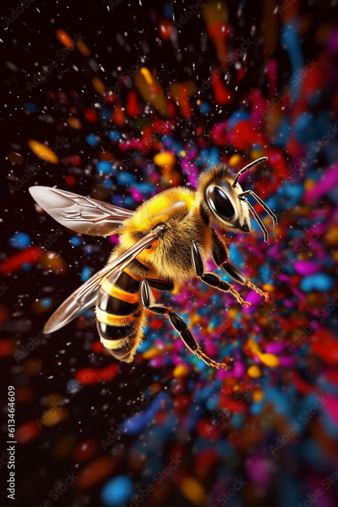 Aufkleber an abstract surreal photograph of a bee splashed in bright paint, contemporary colors and mood socia