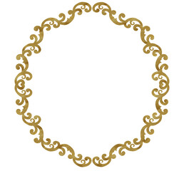 Hand-drawn watercolor round frame with golden texture. Floral design. Can be used for textile, printing or other design. Two options - on white and transparent background.