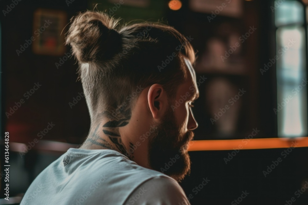 Poster a man with a beard and a bun on his head. generative ai image.