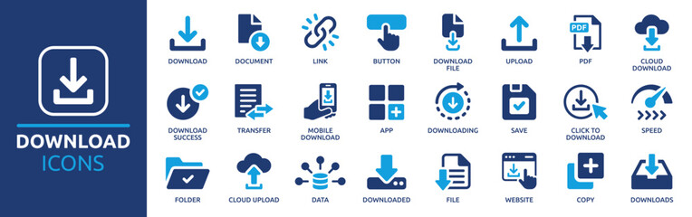 Download icon set. Containing upload, document, link, download file, folder, data and PDF icons. Solid icon collection. Vector illustration.