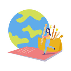 beautiful girl writing with pencil in text book doing handwriting study and globe worldwide earth planet
