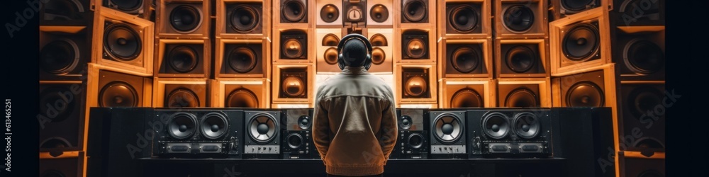 Aufkleber a man standing in front of a bunch of speakers. generative ai image.