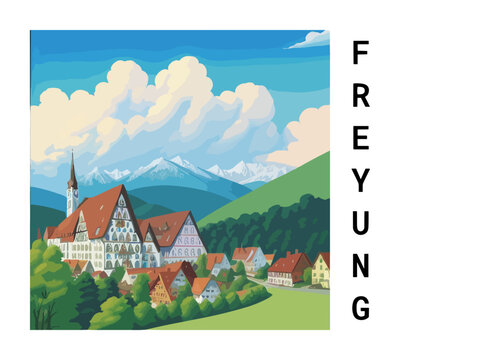 Freyung: Vintage artistic travel poster with a German scenic panorama and the title Freyung