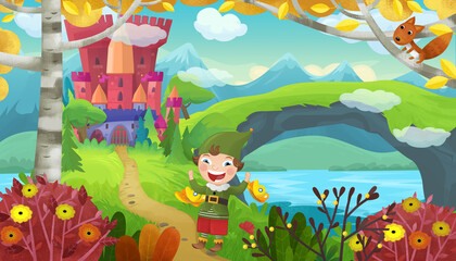 Fototapeta premium cartoon scene with cheerful smiling dwarf near fairy tale magical castle illustration for children