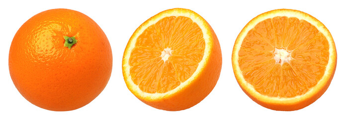 Orange fruit, half and slices isolated, Orange fruit macro studio photo, transparent png,...