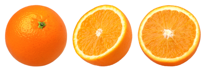 Orange fruit, half and slices isolated, Orange fruit macro studio photo, transparent png, collection, PNG format, cut out