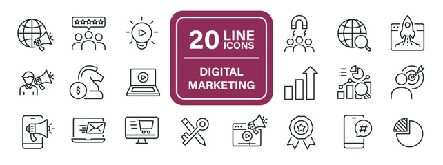 Digital marketing line icons. Editable stroke. For website marketing design, logo, app, template, ui, etc. Vector illustration.