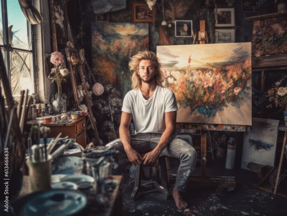 Poster a man sitting on a stool in front of a painting. generative ai image.