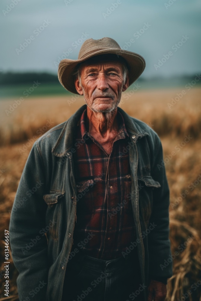Poster a man in a hat standing in a field. generative ai image.