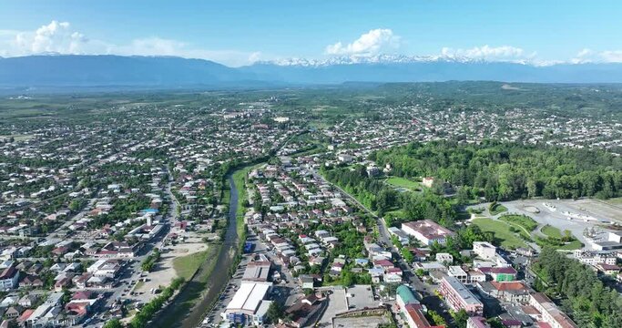 Flying over the center of Zugdidi city in Samegrelo. Georgia