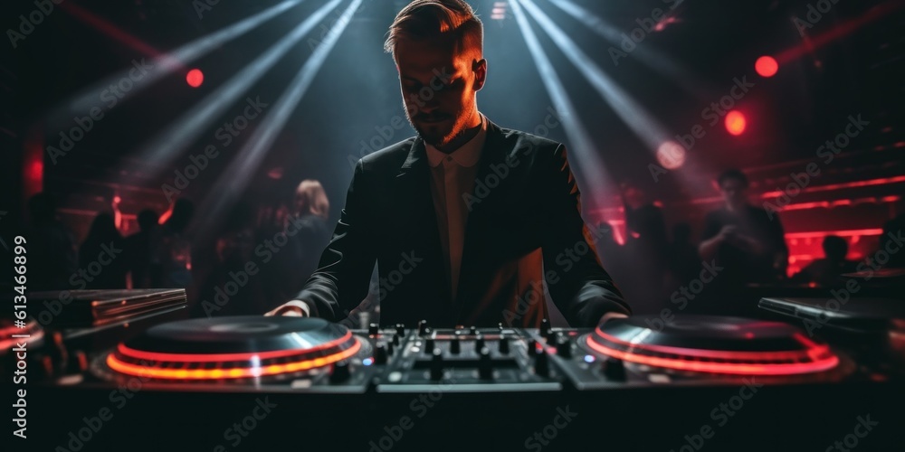 Poster a man in a suit is playing a dj set. generative ai image.