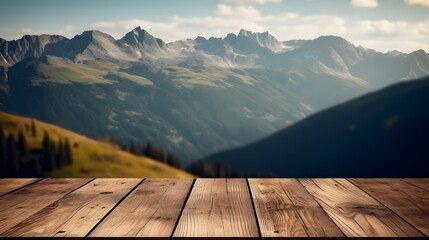 a wooden table with a mountain view in the background, Wooden table top For product display, generative AI