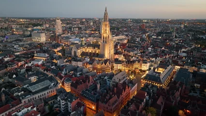 Foto op Plexiglas 4K Aerial view of cityscape of Antwerp, gothic style © Dmytro Kosmenko