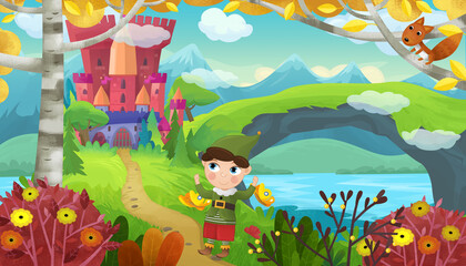 cartoon scene with cheerful smiling dwarf near fairy tale magical castle illustration for children