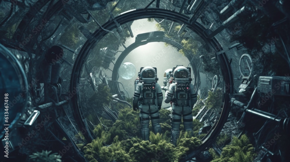 Poster two astronauts are standing in a space station. generative ai image.