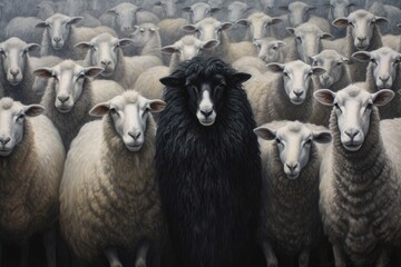 Fototapeta premium Black sheep in the middle of a flock of white sheep. Generative AI
