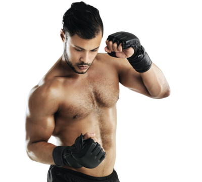 Isolated man, mma and punch for training with power, guard or workout by transparent png background. Fighter guy, conflict or gloves for boxing club, fight or martial arts with fist, sport or fitness - Powered by Adobe