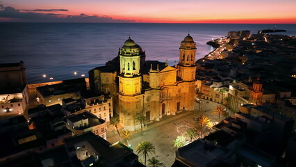 aerial view of old cathedral in Cadiz at sunset, Andalucia, Spain at night