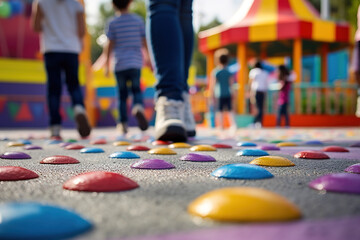 Obraz premium Feet of children running in summer in a park full of color. Theme park. ia generate