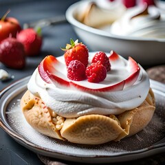 Dessert pavlova meringue with fruit on a neutral background created by AI