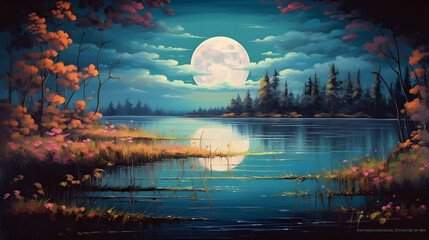 Beautiful harvest moon rising over a clear lake with trees and flowers. Abstract landscape colorful painting of night on magic.