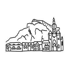 Hand drawn doodle outline icon of european castle in mountains.