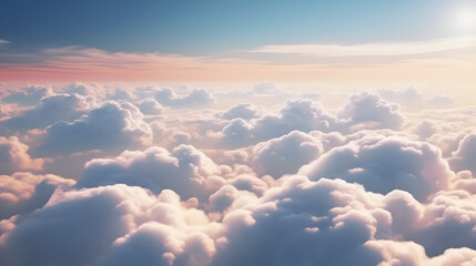 Beautiful pastel cloudscape. Fluffy clouds in the sky. Horizon from a plane. Weather and overcast dawn.
