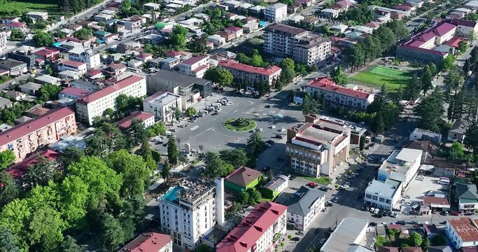 Flying over the center of Zugdidi city in Samegrelo. Georgia