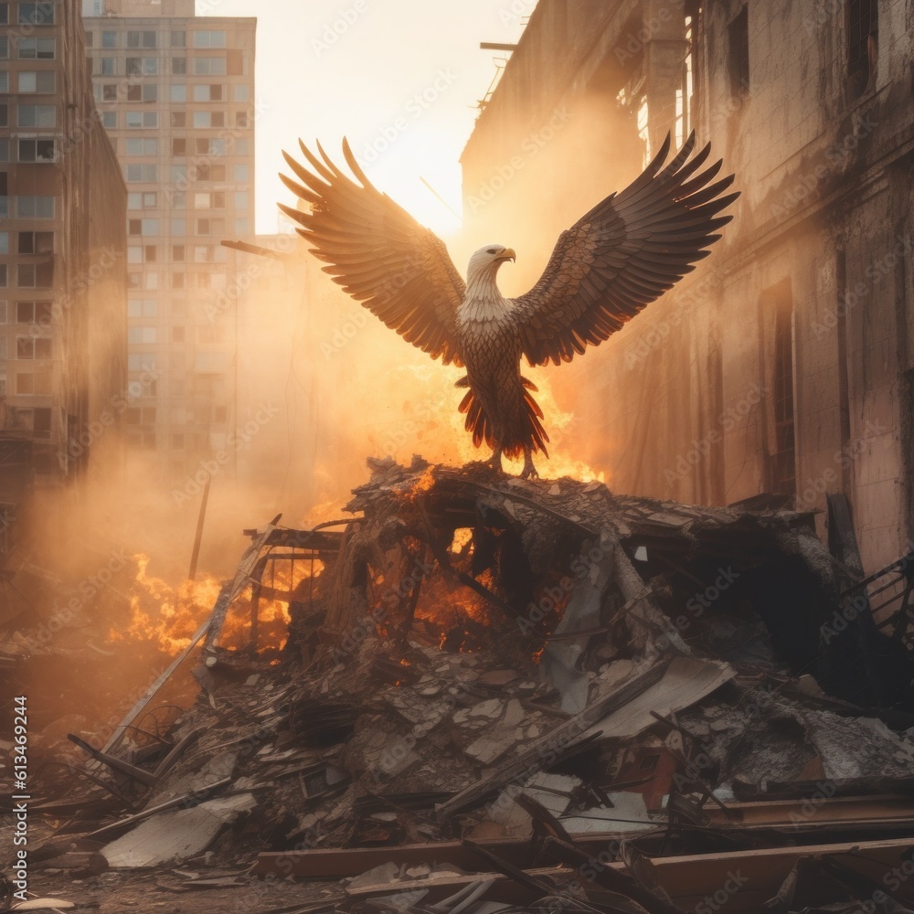 Poster a large bird flying over a pile of rubble. generative ai image.
