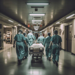 Medical staff, nurses and doctors carrying a stretcher in the hospital. Generative AI.