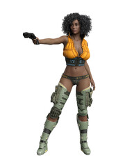 Fototapeta premium Beautiful futuristic science fiction fantasy soldier woman aiming a pistol. Isolated 3D illustration.