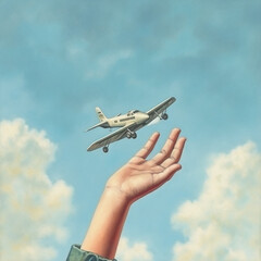 Hands touching a plane. Generative AI.