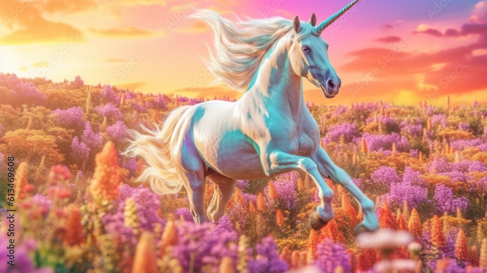 Poster a unicorn running through a field of flowers. generative ai image.