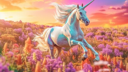 A unicorn running through a field of flowers. Generative AI image.