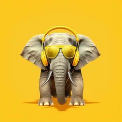Elephant with sunglasses and music headphones on a yellow background. Generative AI.